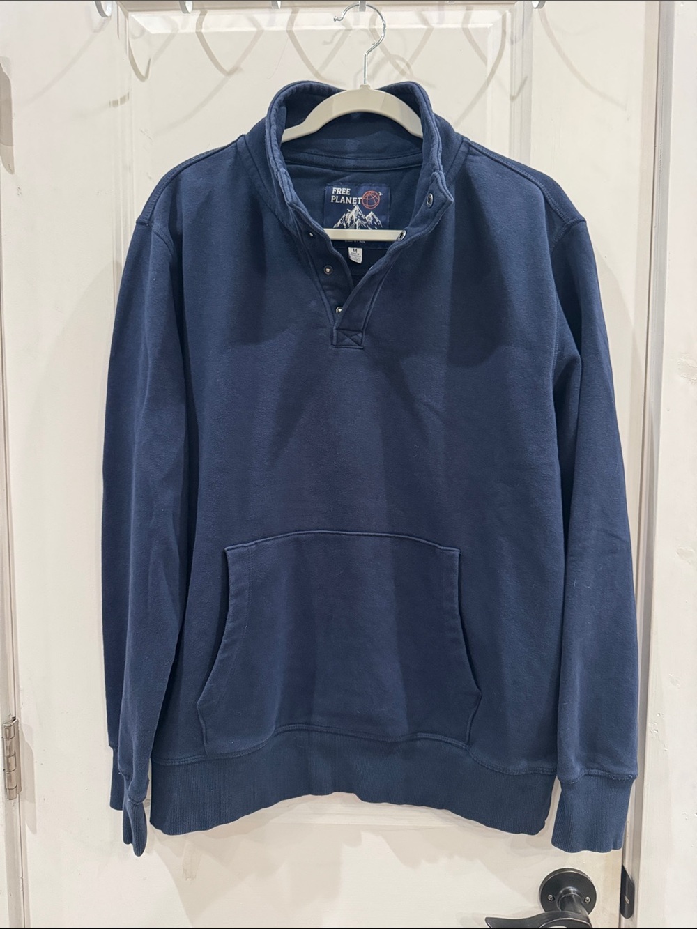 Free Planet Navy Mock Neck Snap Front Henley Pullover Hoodie Kangaroo Pocket
